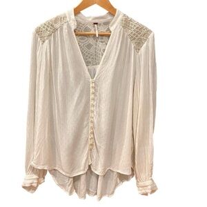 Free People Ivory Lace Yoke Button Front Boho Blouse | Size L